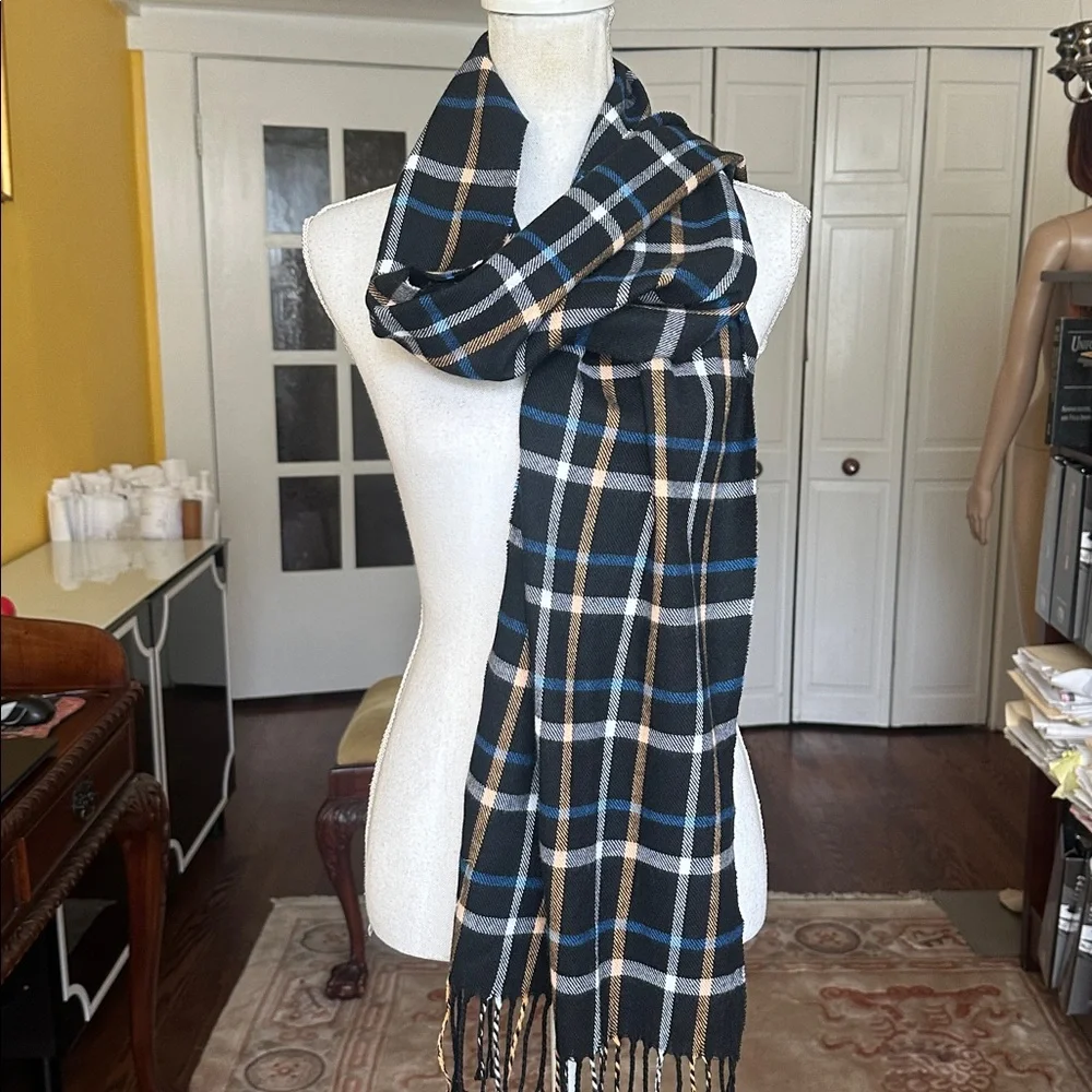 100% Cashmere Black and Blue Plaid Scarf with Fringe